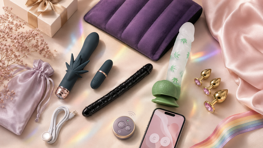 Premium flat lay of couples wellness products with a remote, app-control phone, satin pouch, gift box, and soft Pride accents.