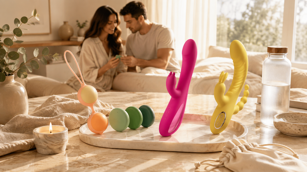 Premium adult wellness hero image featuring body-safe intimate wellness products in a bright spa-inspired setting with a couple exploring products together, surrounded by calming self-care accessories.