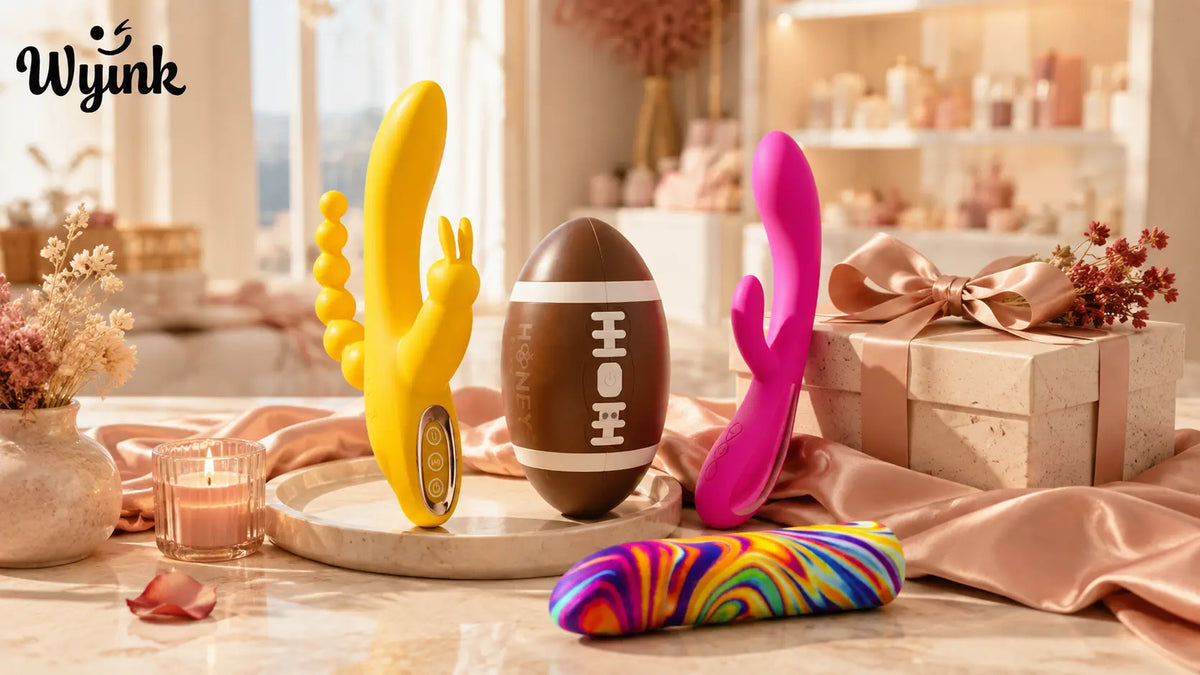 Wyink Valentine’s Day sex toy gift selection styled with premium gift wrapping, blush satin, candles and a bright wellness setting.