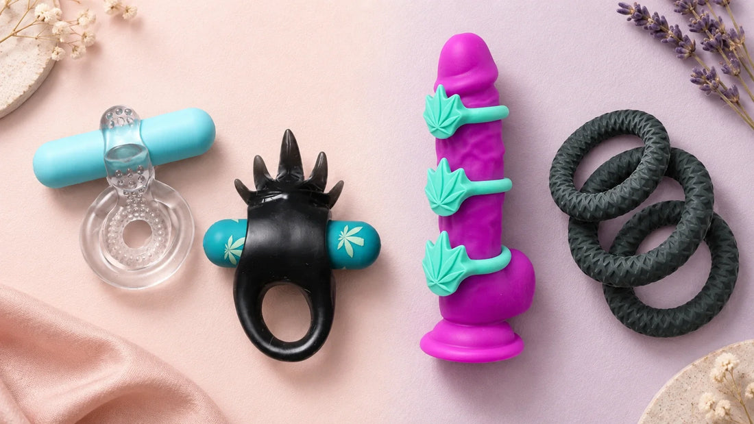 Vibrating and non-vibrating cock ring options arranged in a premium wellness product flat-lay.