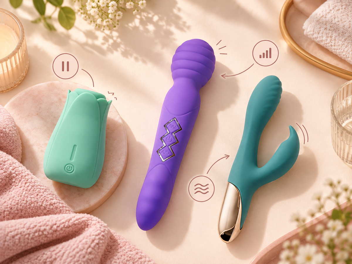 Three adult wellness vibrators with educational icons illustrating intensity control, taking breaks, and varying stimulation to manage temporary numbness.