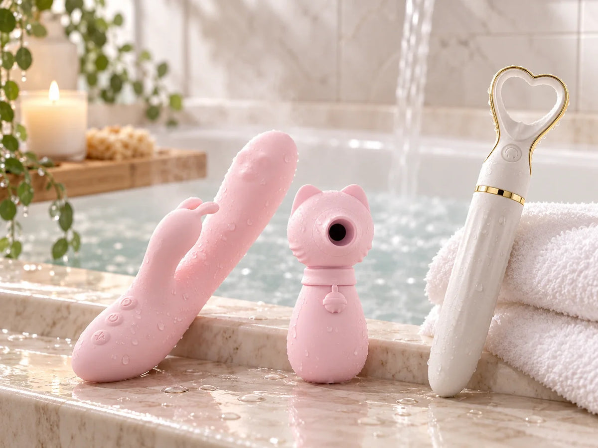 Three adult wellness vibrators in pink and white displayed on a bathtub edge with water droplets, soft towels, and a relaxing bathroom setting.