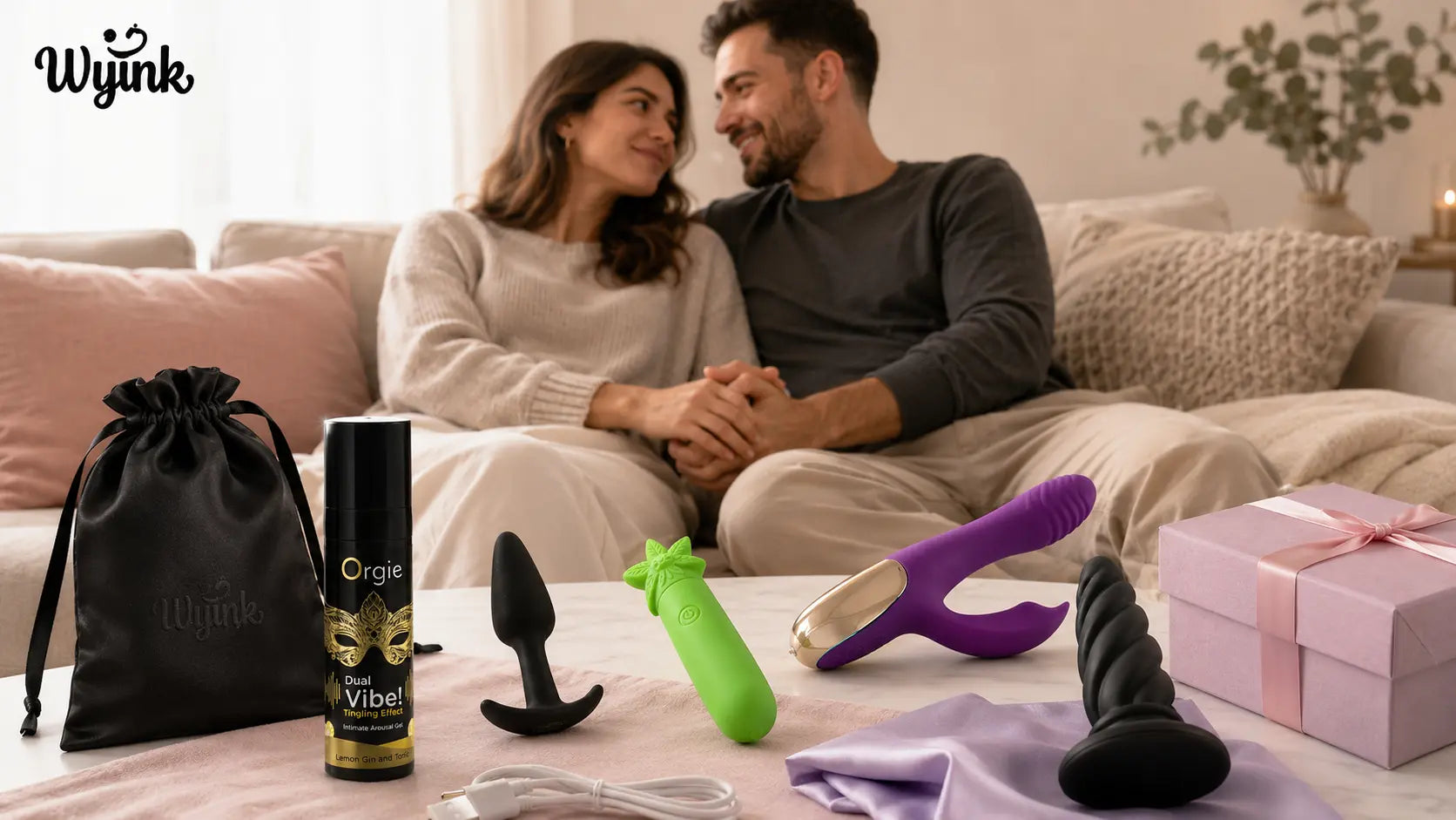Wyink adult wellness products with a fully clothed couple in a tasteful lifestyle scene about introducing sex toys to a partner