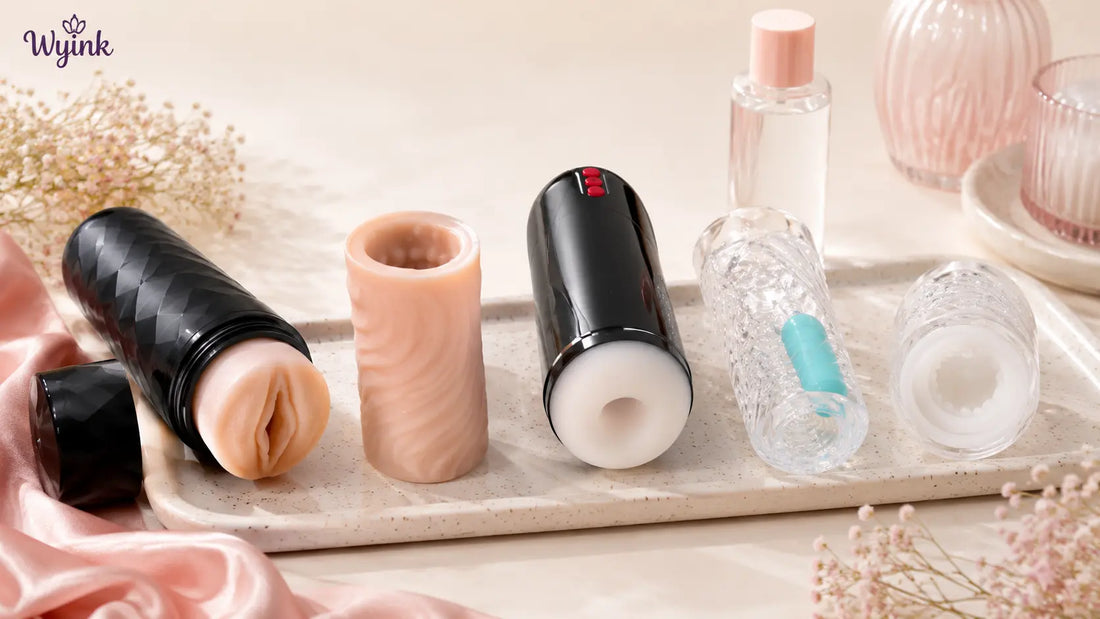 Male masturbator with removable sleeve, toy cleaner, lubricant, towel, and storage pouch arranged for proper cleaning and storage