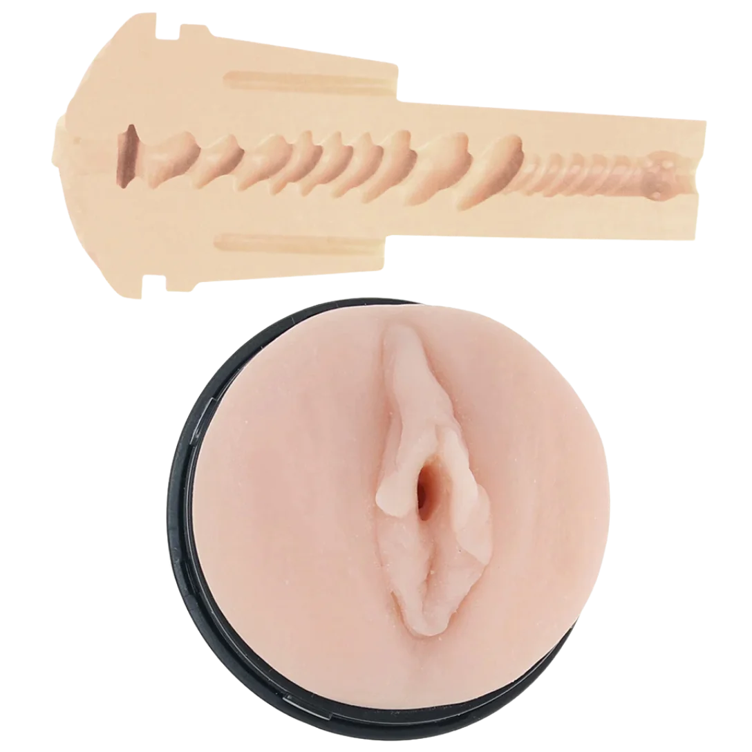 Sexual novelty product showing a flesh-toned silicone insert above a round black-lidded container with a matching flesh-toned insert, photographed on a plain white background.
