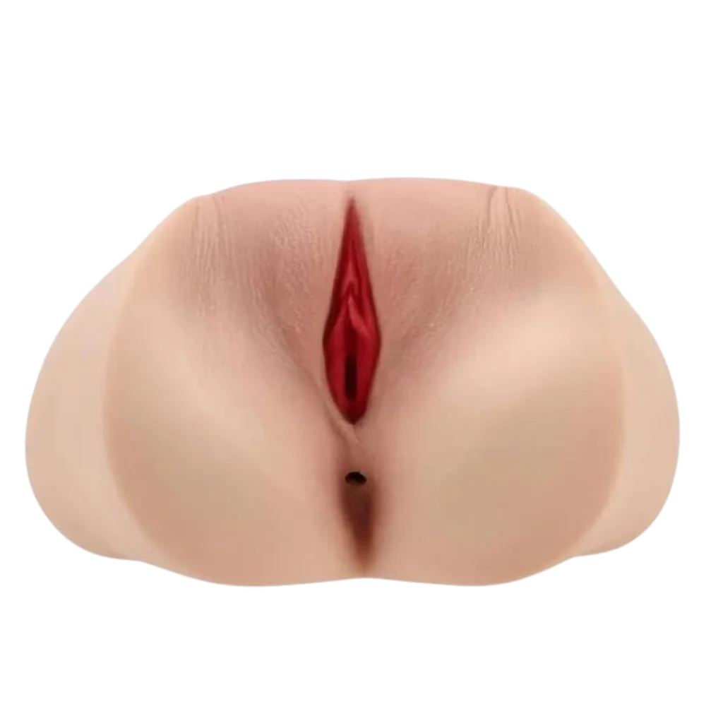 A realistic flesh-toned adult novelty msturbatorwith a prominent red slit and dark opening, isolated on a plain white background.
