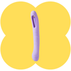 A lavender purple personal massager wand with a curved ergonomic handle and a looped head, centered on a yellow four-petal flower-shaped graphic background.