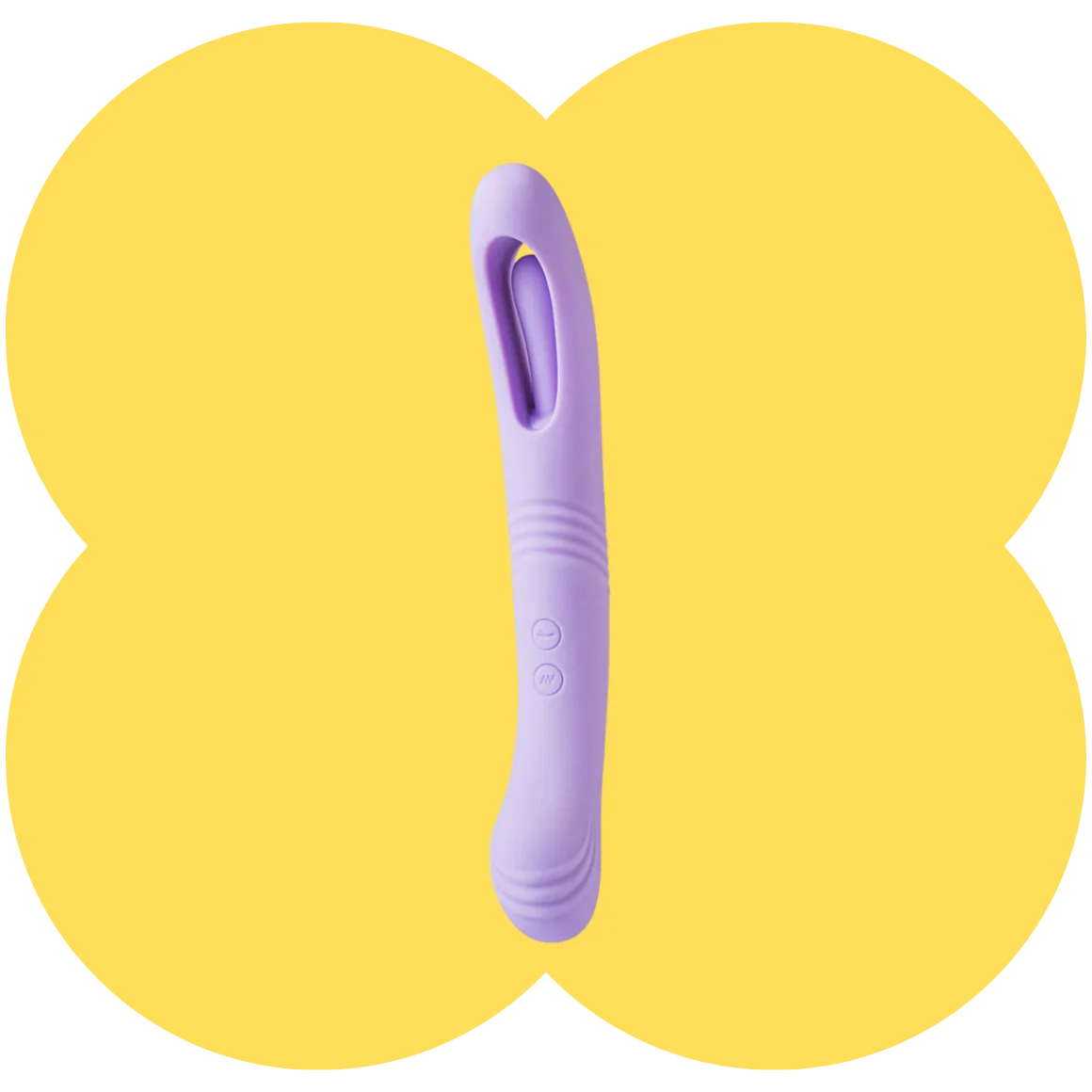 A lavender purple personal massager wand with a curved ergonomic handle and a looped head, centered on a yellow four-petal flower-shaped graphic background.