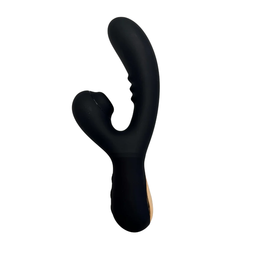 Black silicone dual-stimulation vibrator with a curved main shaft and a secondary clitoral stimulator arm, featuring a small gold accent on the handle, shown against a plain white background.