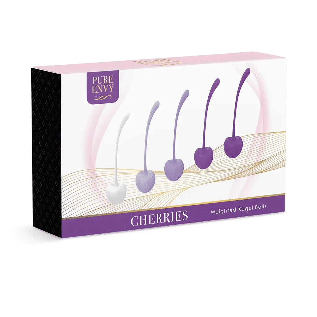 Pure Envy Cherries Weighted Kegel Balls in a white and purple box, showing five balls in white, light purple, and dark purple.