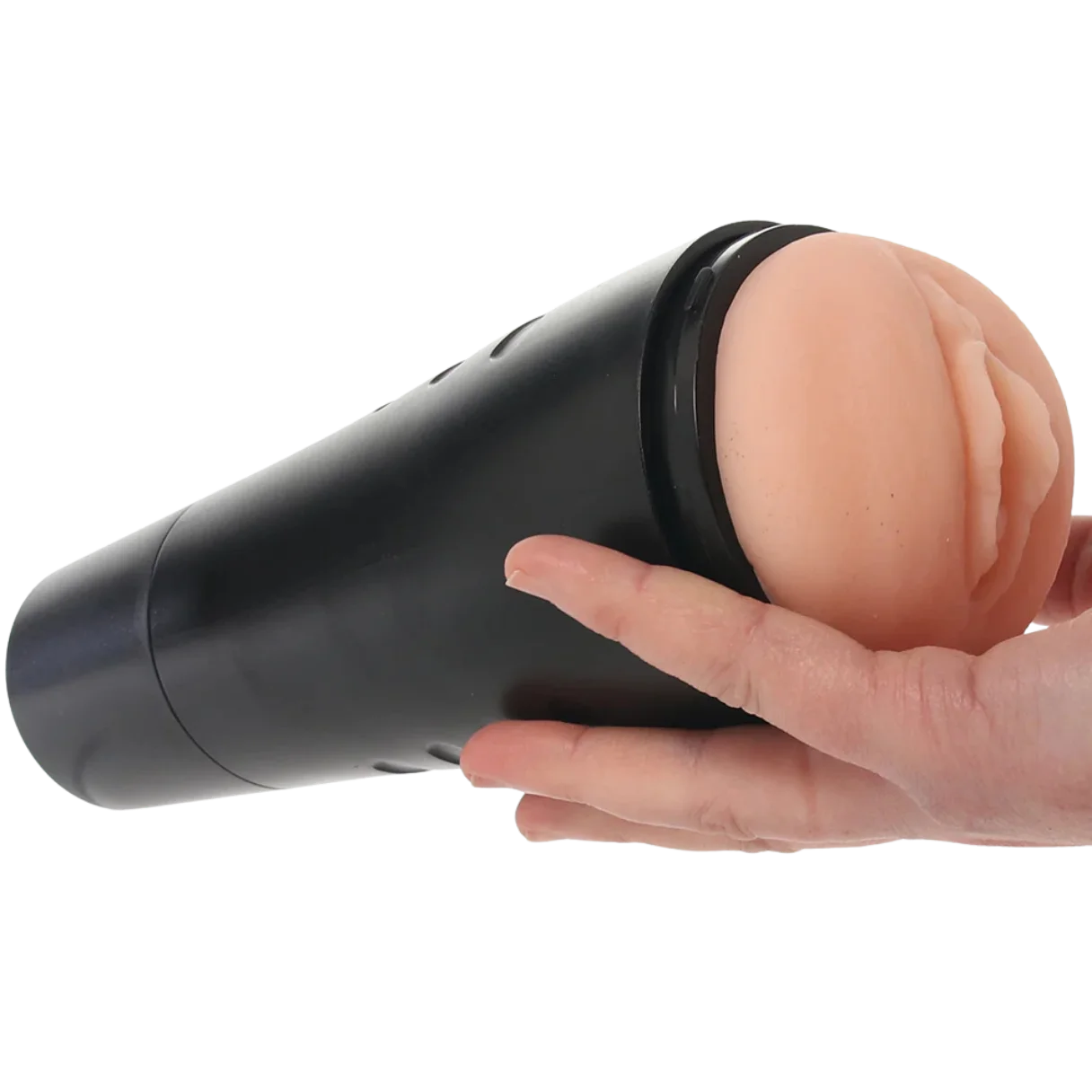 A hand holding a black plastic masturbator  with a realistic flesh-toned silicone dildo inserted, against a plain white background.