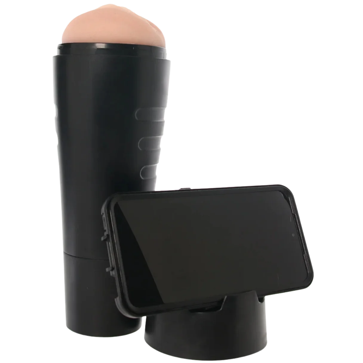 A black cylindrical personal massager with a flesh-toned bulb at the top, shown alongside a black smartphone dock on a white background.