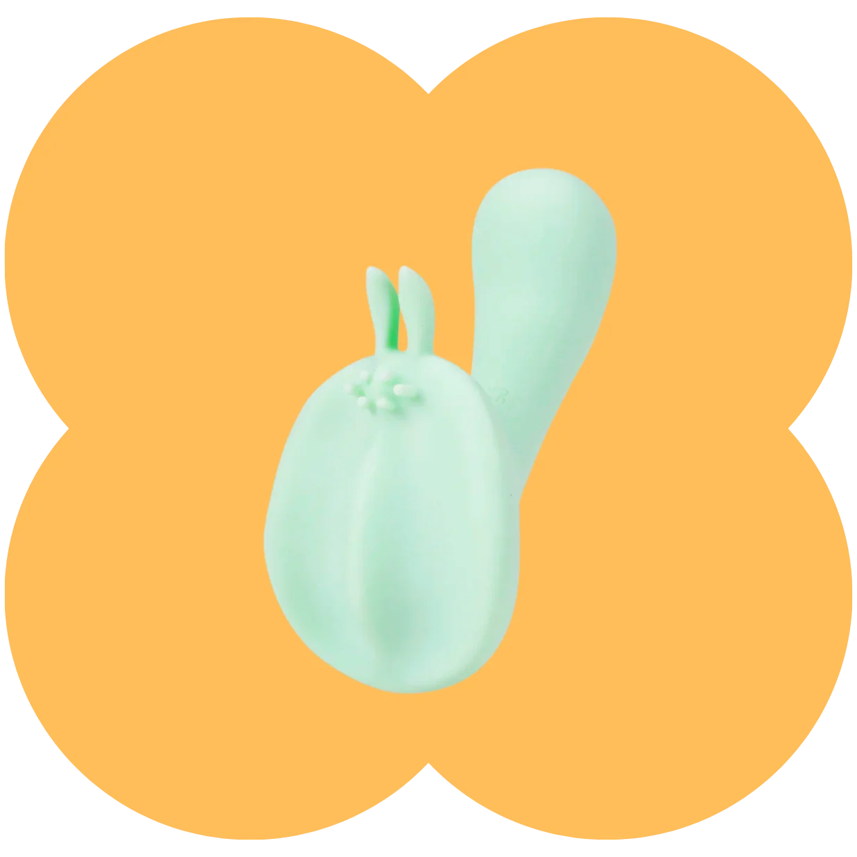 A mint green silicone adult novelty product with a rabbit-shaped base and a curved tail, centered on a stylized orange flower-shaped graphic background.