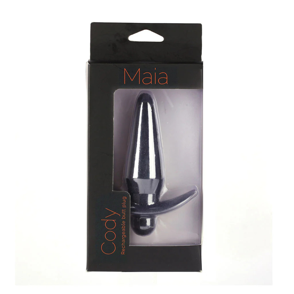 Metallic butt plug in packaging with 'Maia' and 'Cody' branding on a white background
