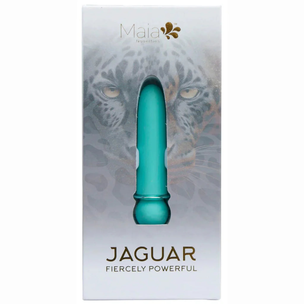 Maia Jaguar Bullet blue rechargeable silicone-coated bullet vibrator with 10 vibration functions on a white background