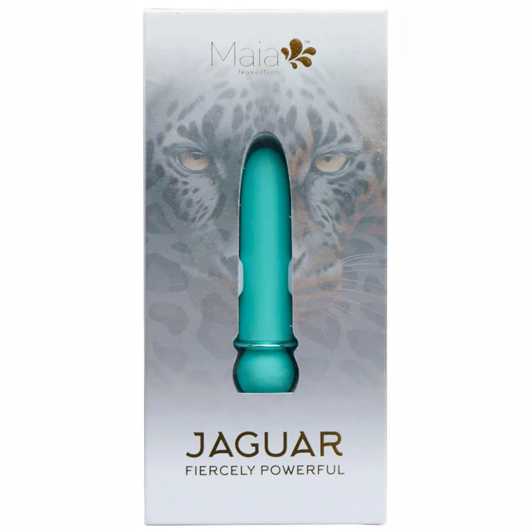 Maia Jaguar Bullet blue rechargeable silicone-coated bullet vibrator with 10 vibration functions on a white background