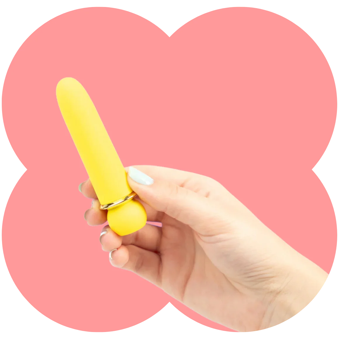 A hand holding a small yellow personal massager with a gold accent ring, set against a stylized pink background.