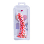 A Maia brand silicone labret dildo with a red strawberry pattern, presented inside its clear plastic retail packaging on a white background.