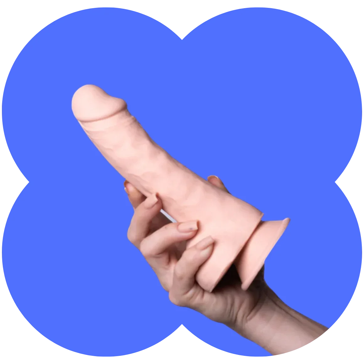 A realistic flesh-toned dildo being held in a hand against a blue four-lobed graphic background.