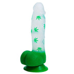 Sex toy with green cannabis leaf patterns on a white background