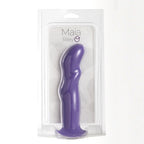 Purple curved silicone personal massager in clear retail packaging with a printed backing card labeled 'Maia Riley'.