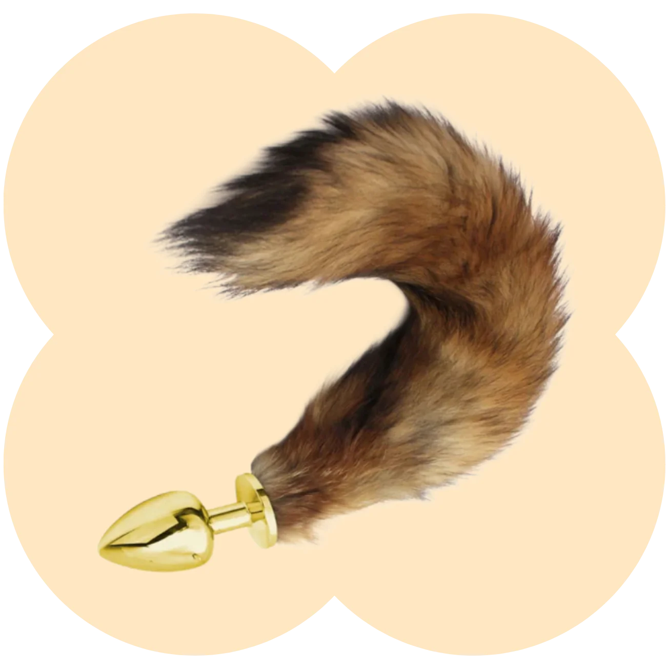 A realistic brown and black faux fur tail with a shiny gold metal plug, displayed against a pale beige background with a decorative scalloped border.