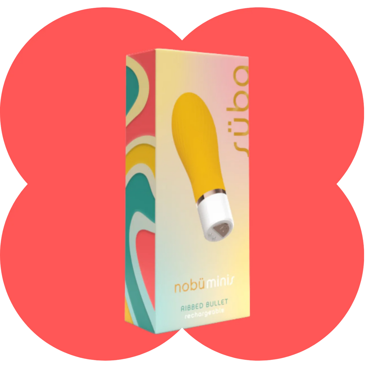 A boxed personal massager product shown upright on a white background with coral-red abstract shapes behind it. The box is pastel yellow, white, teal, and pink with a large photo of the yellow ribbed bullet massager on the front.