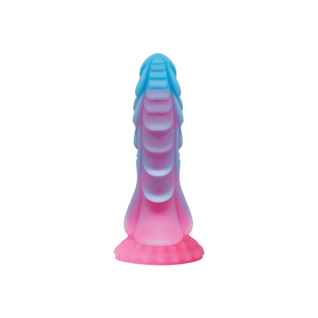 A silicone adult novelty product with a textured, ribbed shaft and a flared base, featuring a blue-to-pink gradient color scheme on a plain white background.