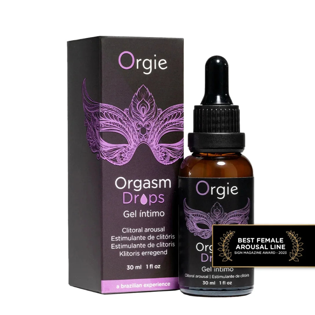 Orgie Orgasm Drops packaging and bottle on a white background