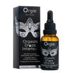 Orgie Orgasm Drops Intense packaging with black box and bottle on a white background
