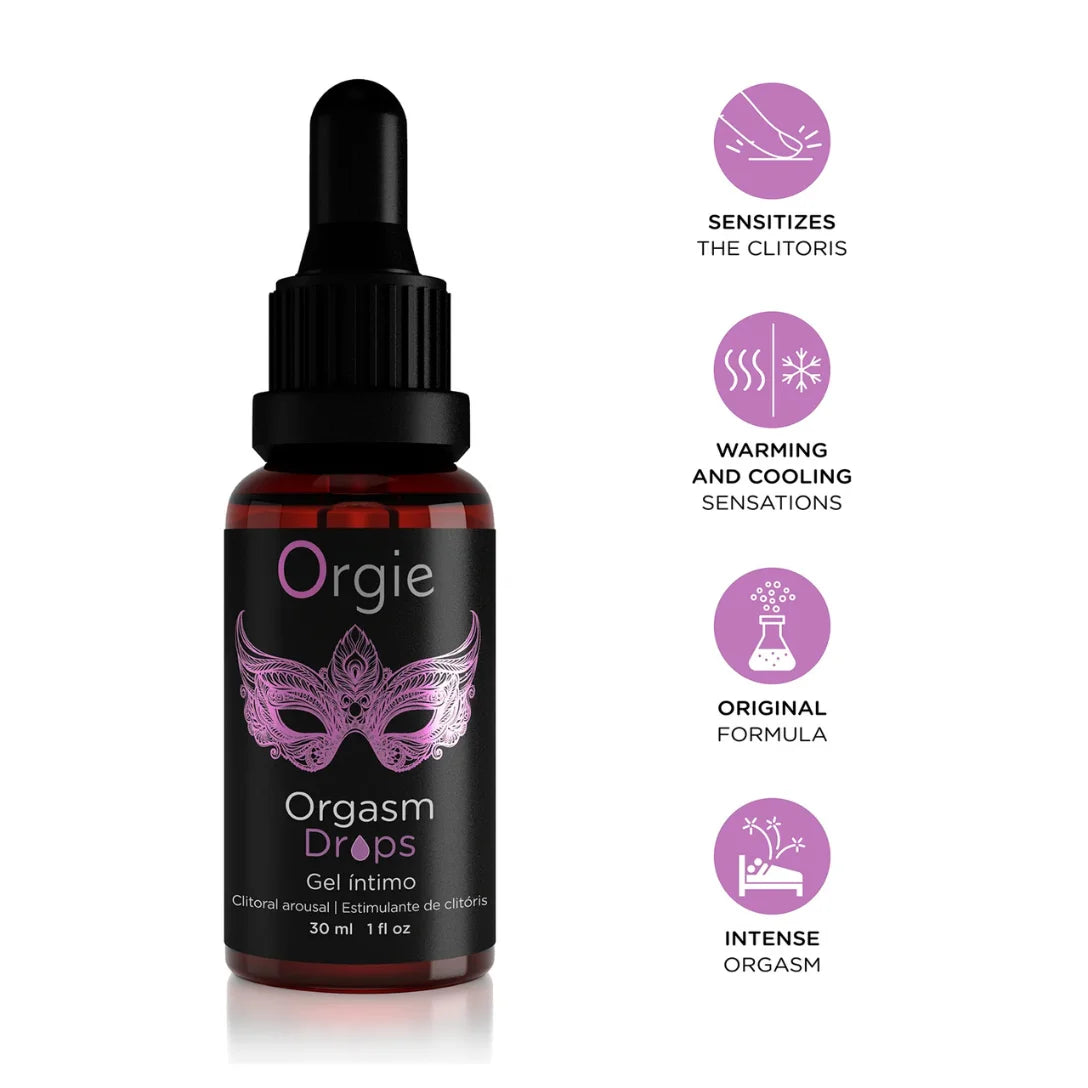 Bottle of Orgie Orgasm Drops with product features on a white background