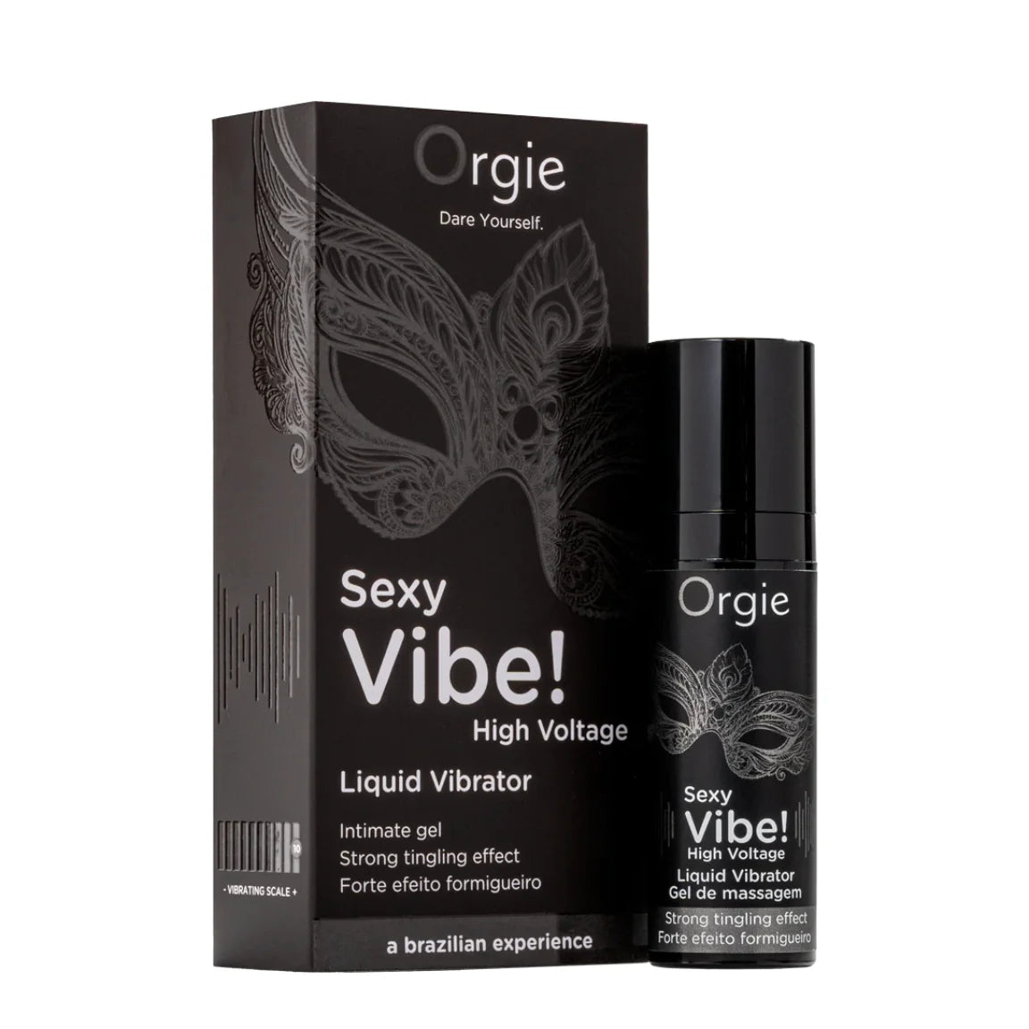 Orgie Sexy Vibe! High Voltage Liquid Vibrator with its black packaging box, featuring a masquerade mask graphic on a white background.