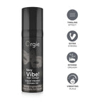 Orgie Sexy Vibe liquid vibrator bottle with features on a white background