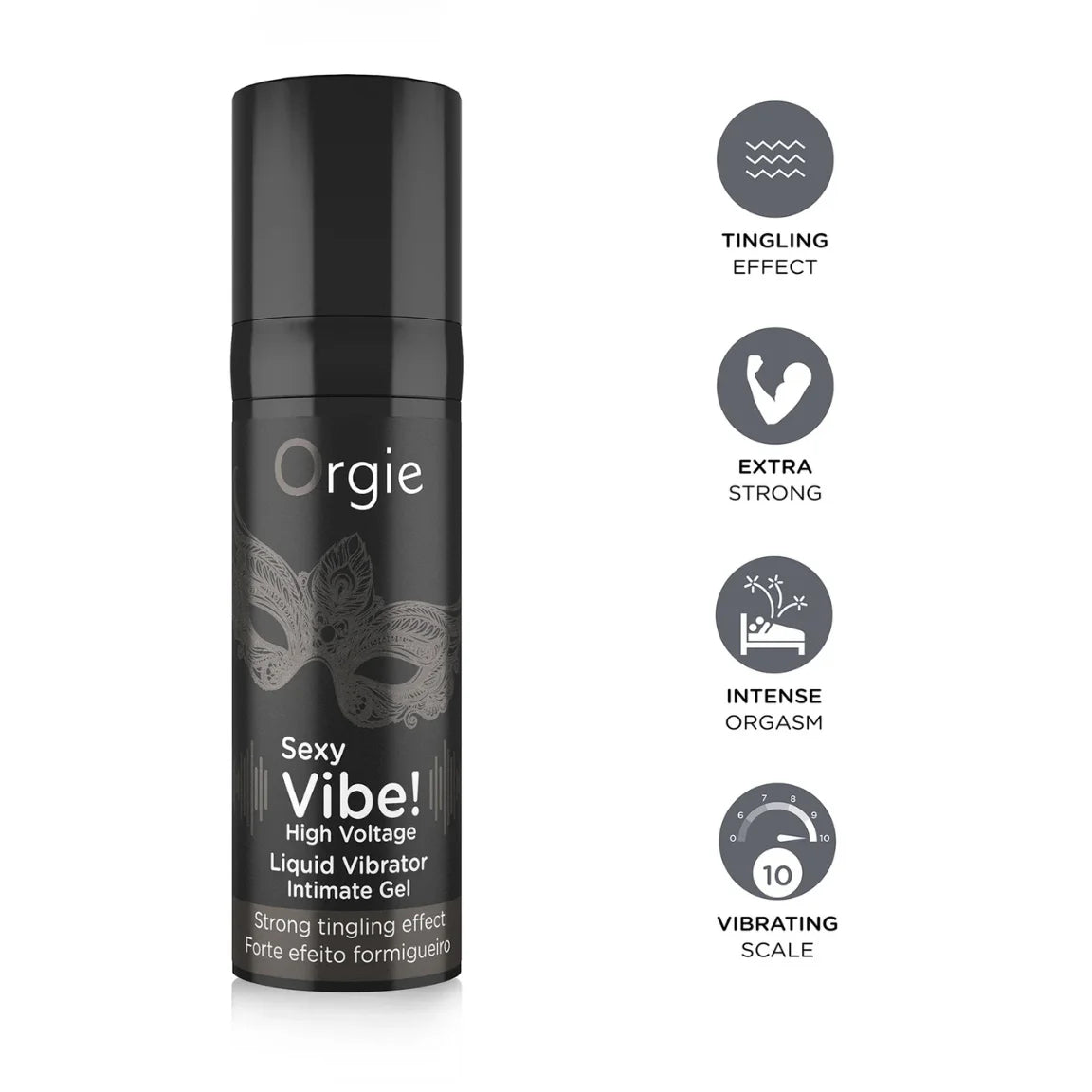Orgie Sexy Vibe liquid vibrator bottle with features on a white background