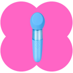A light blue personal massager with a rounded head and metallic silver neck, centered on a pink four-petal shape background.