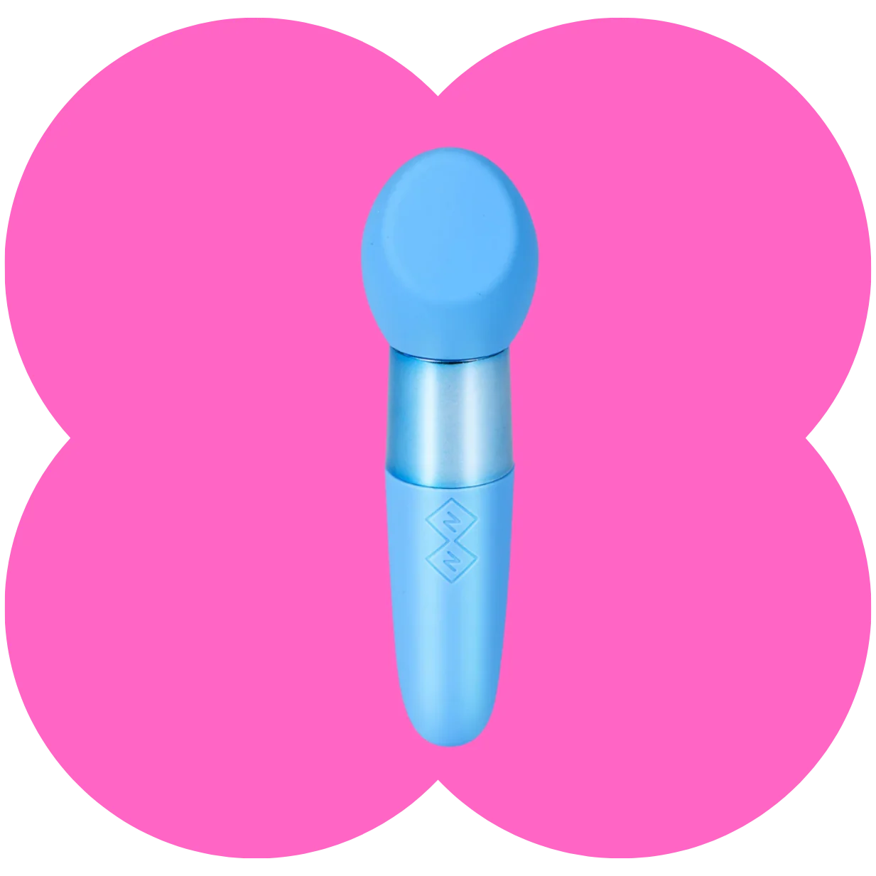 A light blue personal massager with a rounded head and metallic silver neck, centered on a pink four-petal shape background.