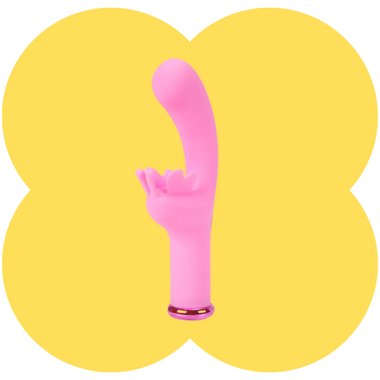 A pink silicone personal massager with a curved shaft and a small metallic ring at the base, centered on a yellow four-petal flower-shaped graphic background.