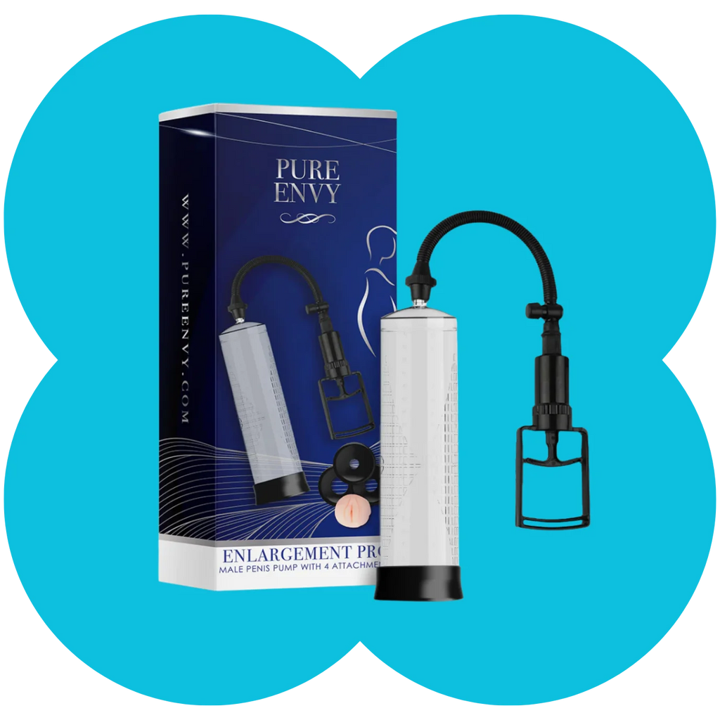Male enhancement pump with packaging on a blue background