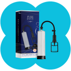 Male enhancement pump with packaging on a blue background