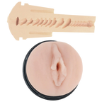 Sexual novelty product showing a flesh-toned silicone insert above a round black-lidded container with a matching flesh-toned insert, photographed on a plain white background.