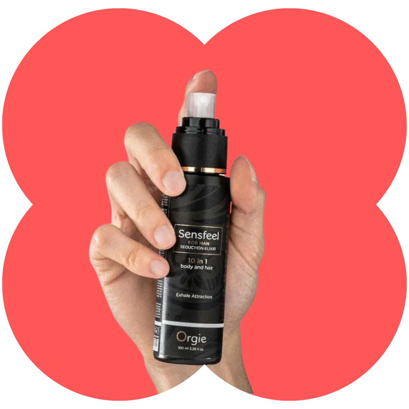 A hand holding a black pump bottle of Orgie Sensfeel Sensation Primer against a coral-red heart-shaped graphic on a white background.