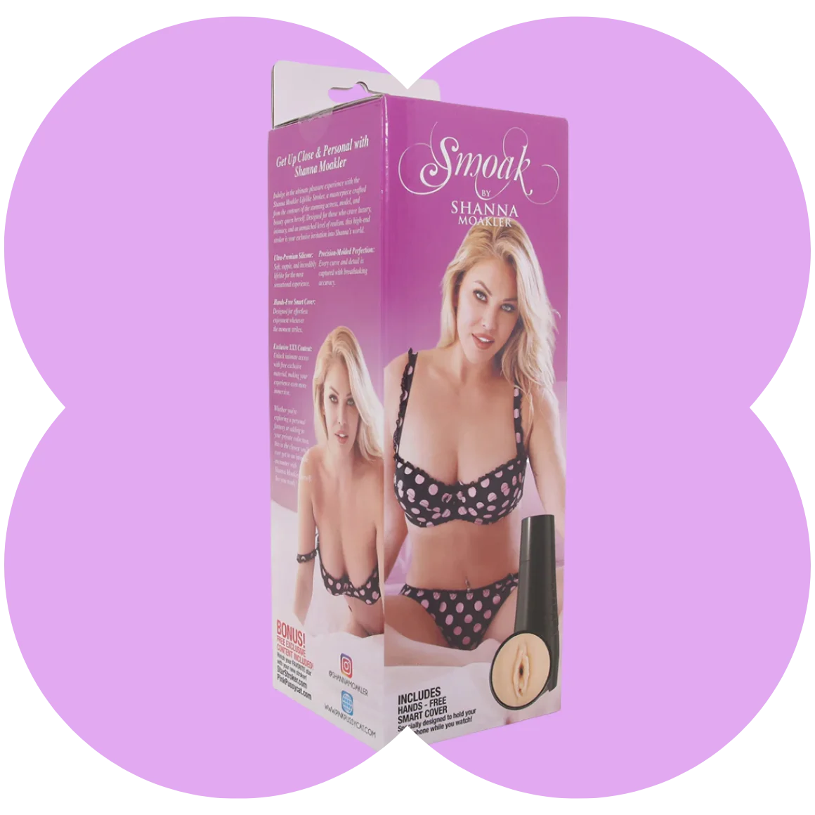 The retail packaging box for 'Smoak' by Shanna Marie, featuring a pink and purple design with images of the model wearing black and white polka dot lingerie, set against a solid lavender background.