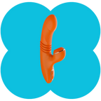 An orange personal massager with a curved shaft and a small side attachment, shown against a bright blue four-lobed graphic background on a white field.
