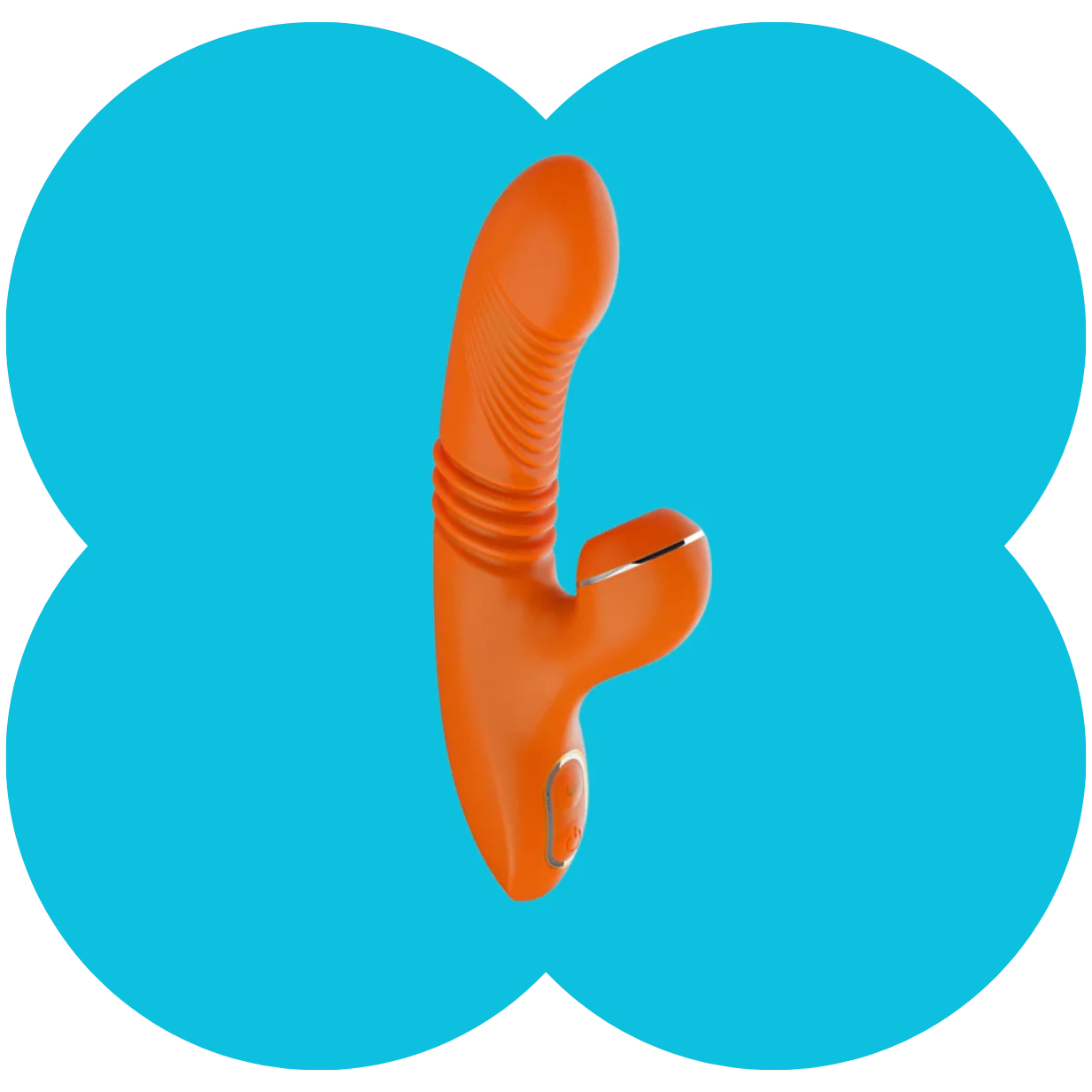 An orange personal massager with a curved shaft and a small side attachment, shown against a bright blue four-lobed graphic background on a white field.