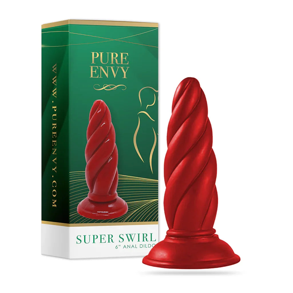 Red swirl-shaped product with 'Pure Envy' packaging on a white background