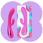 Pink vibrator adult toy with colorful packaging on a purple background