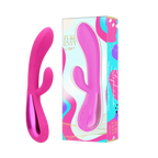 A bright pink silicone personal massager shown next to its retail packaging box. The box features a colorful abstract design with the brand name 'PURE ENVY' and the model name 'Stephany'.