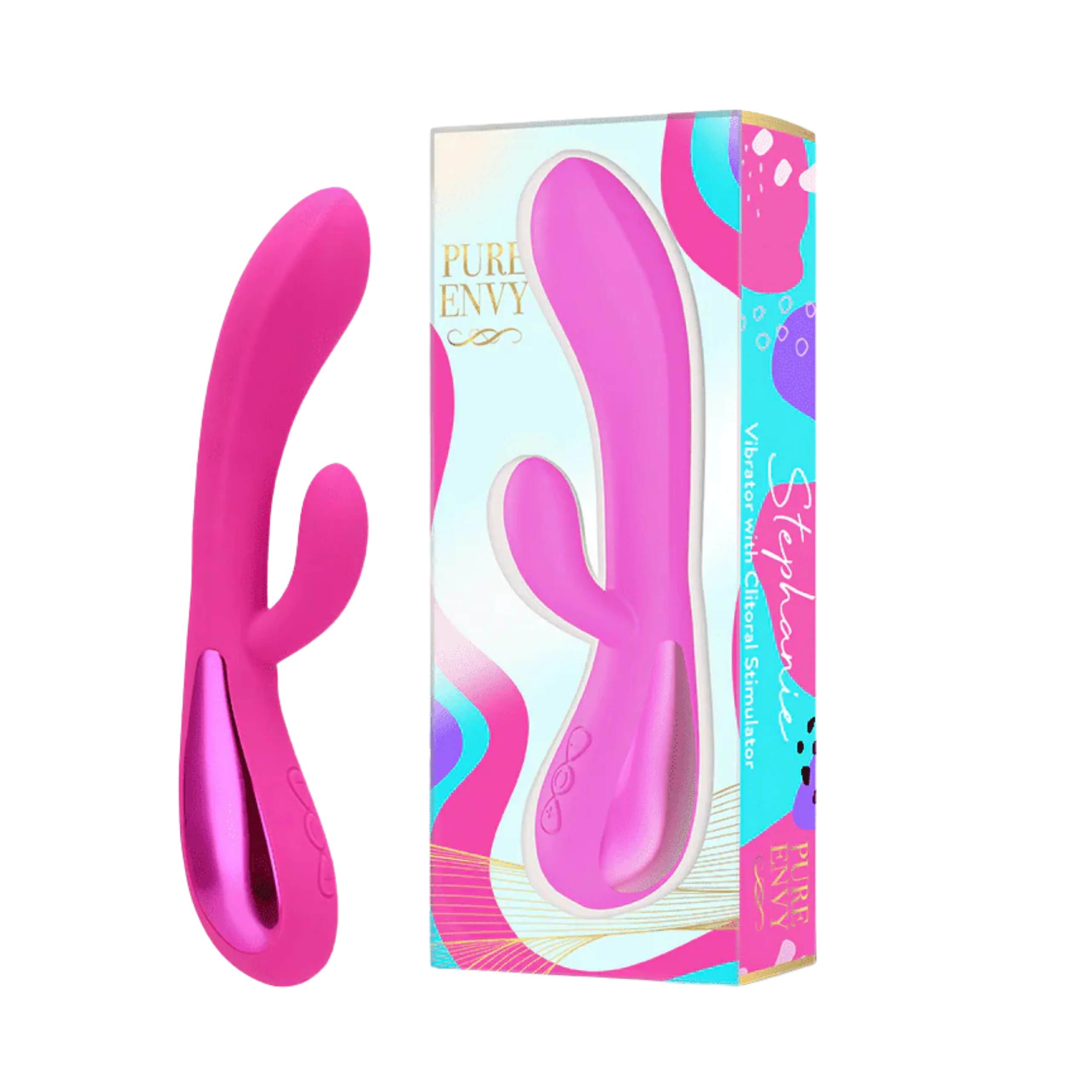 A bright pink silicone personal massager shown next to its retail packaging box. The box features a colorful abstract design with the brand name 'PURE ENVY' and the model name 'Stephany'.