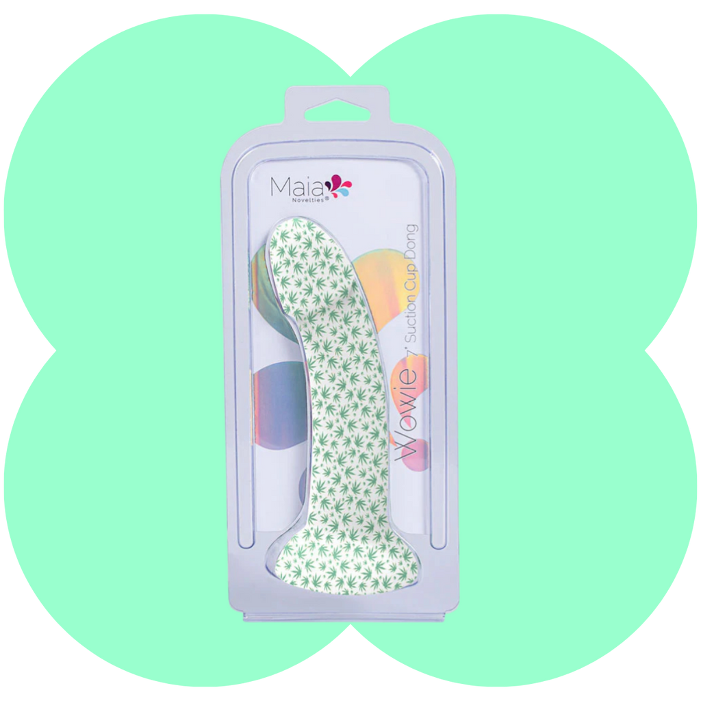 Wowie Dildo 420 Series by Maia - Glow in the Dark 7 Inch Weed Print Silicone Suction Cup Dong