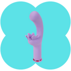 A lavender purple silicone personal massager with a small pink accent ring at the base, shown against a stylized light blue four-petal background shape.